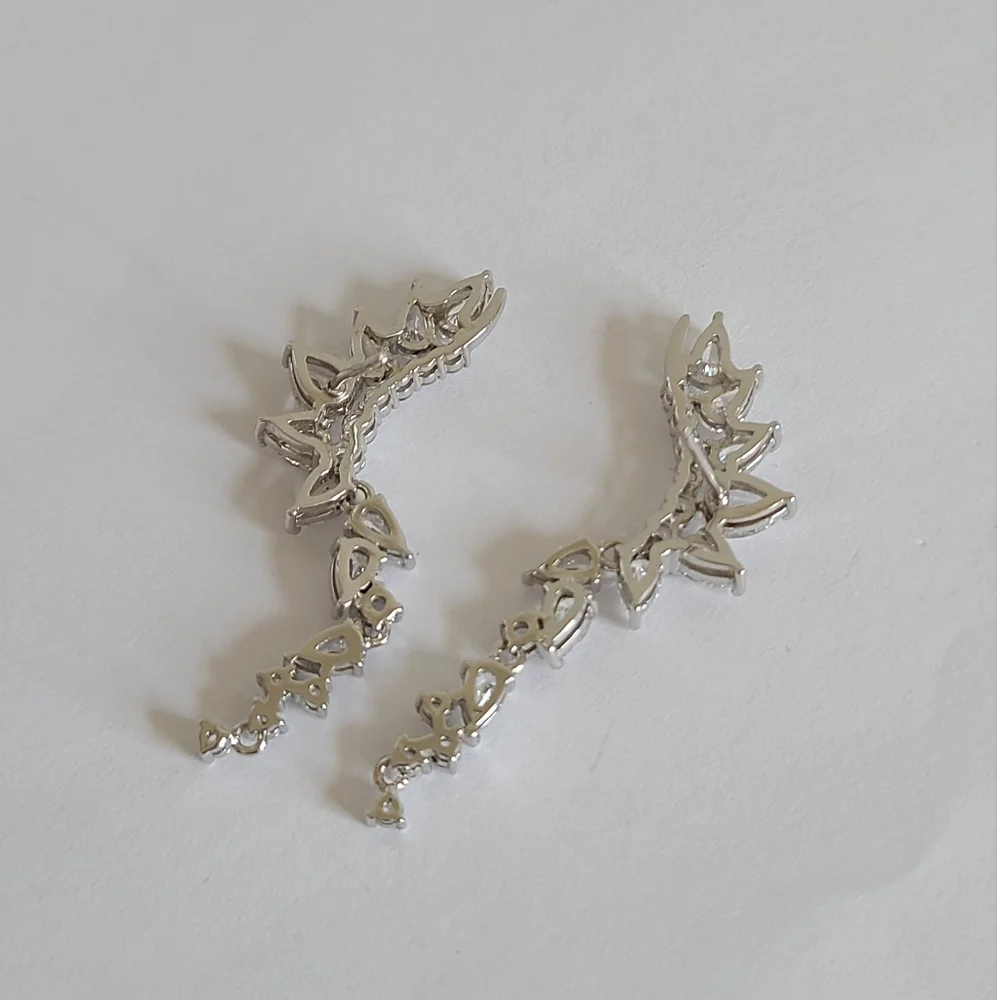 Sterling Silver Crystal Leaf Half Ear Drop Dangle Evening Cocktail Earrings - Picture 3 of 11